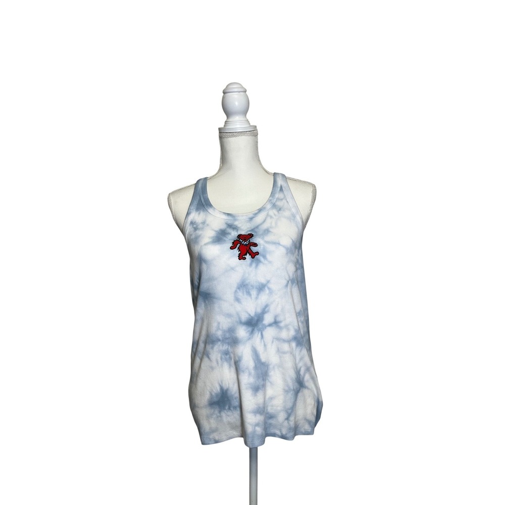 Lucky Brand Women's Blue and White Tie-Dye Tank Top with Red Bear Size XL